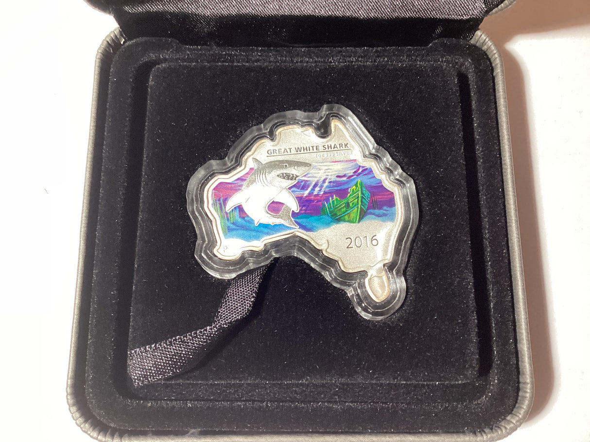 2016 $1 1oz Silver Proof Coin. Australian Map Shaped Coin Series. Great White Shark.