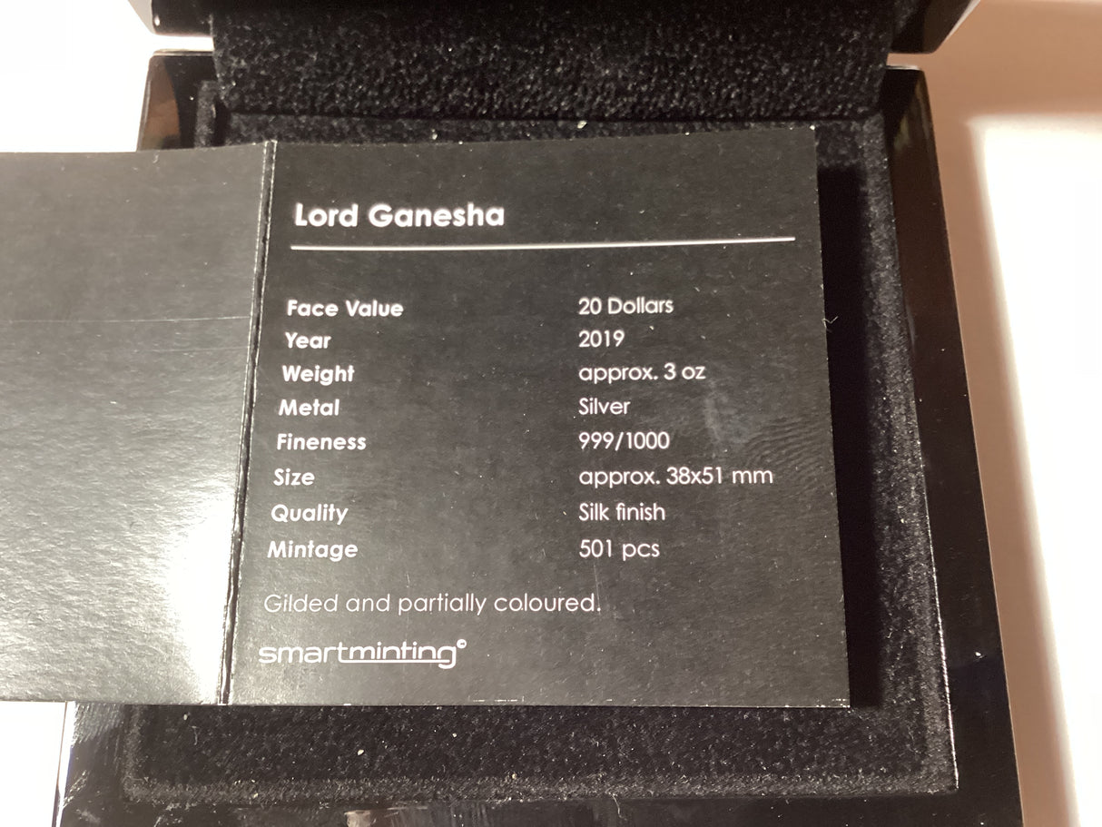2019 $20 3oz Silver Proof Coin. Lord Ganesha. 501 Made.