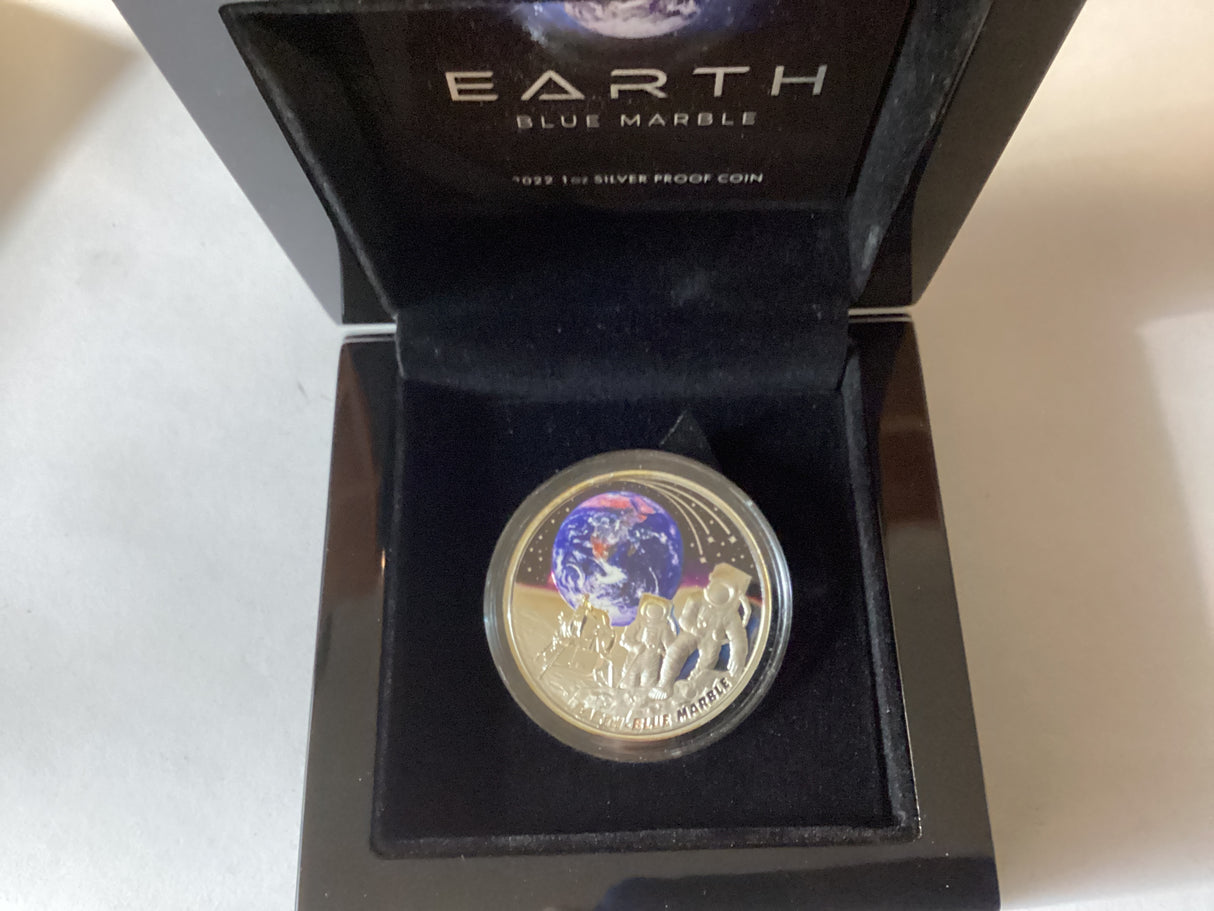 2022 $1 1oz Silver Coloured Proof Coin. Earth Blue Marble.