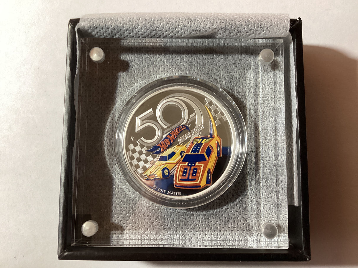 2018 $1 1oz Silver Coloured Proof Coin. 50 Years of Hot Wheels.