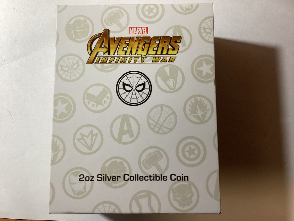 2019 $5 2oz Silver Collectible Coin. Marvel. Avengers. Infinity War. Spider-Man.