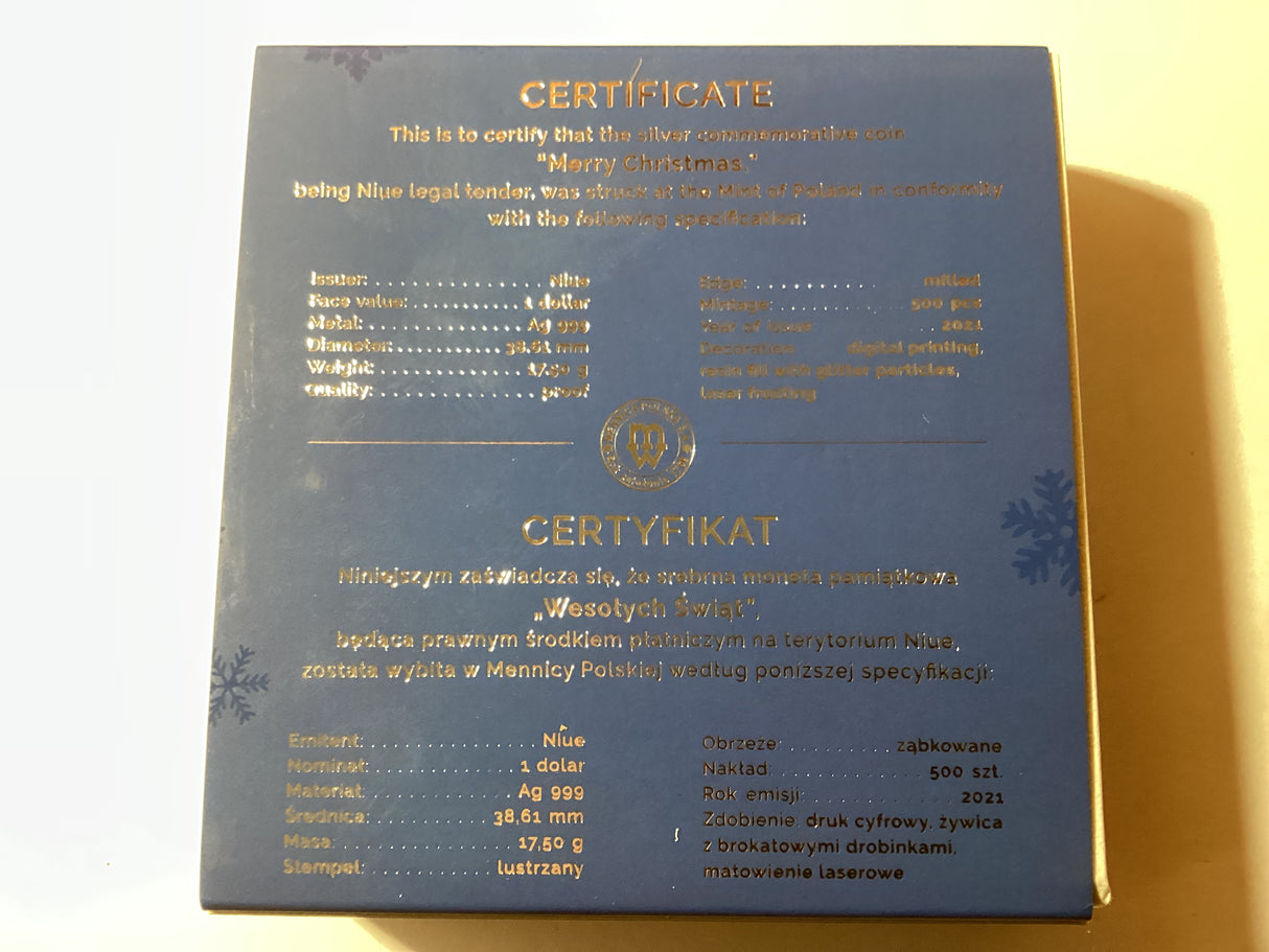 2021 $1 1oz Silver Coin. Merry Christmas. Mint of Poland. 500 made.