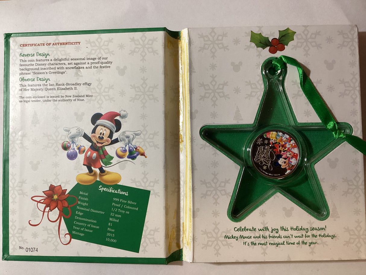 2015 $1 1/2oz Silver Coloured Coin. Disney. Season’s Greeting. NZ Mint.