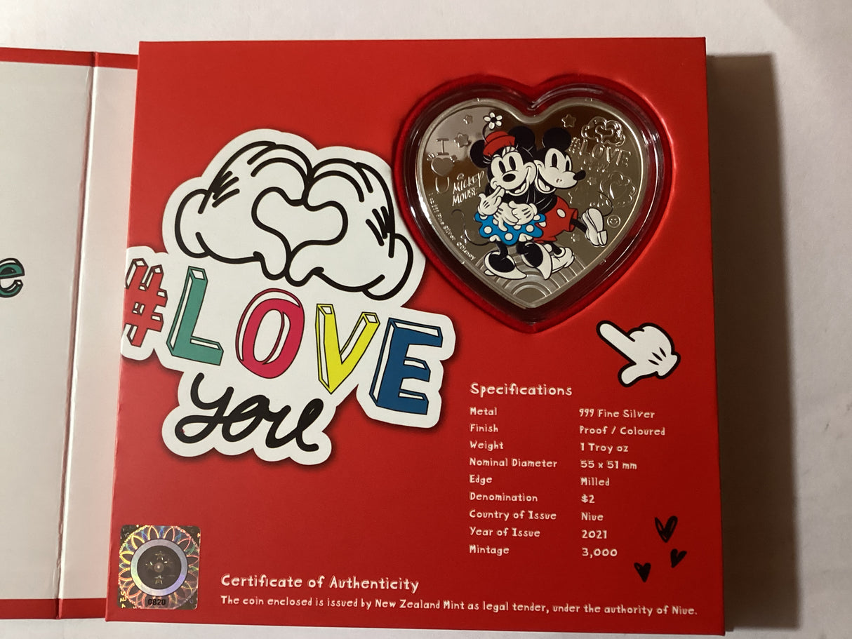 2021 $2 1oz Silver Coloured Heart-Shaped Coin. Disney. MicMin Ultimate Couple. New Zealand Mint.