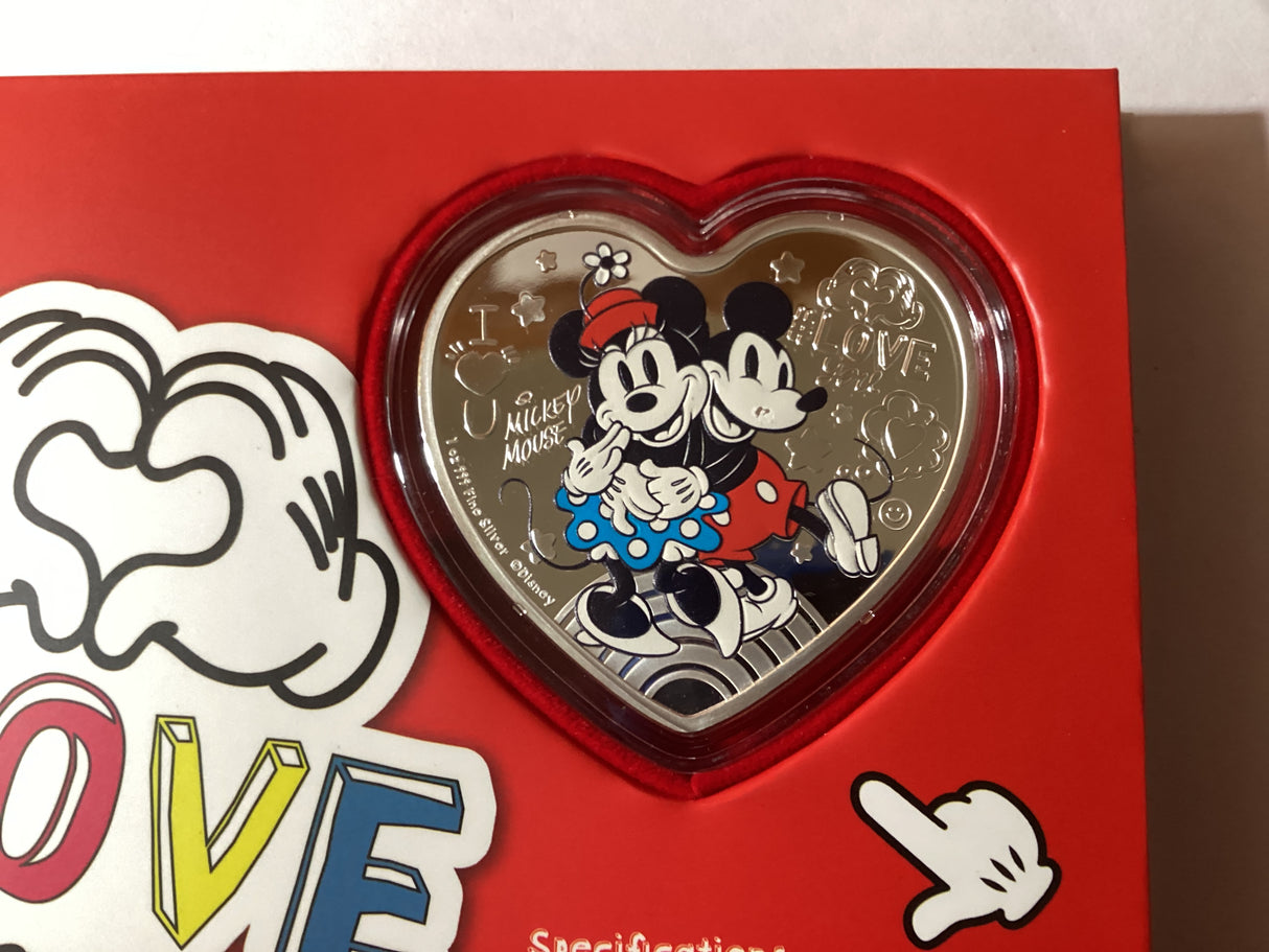 2021 $2 1oz Silver Coloured Heart-Shaped Coin. Disney. MicMin Ultimate Couple. New Zealand Mint.