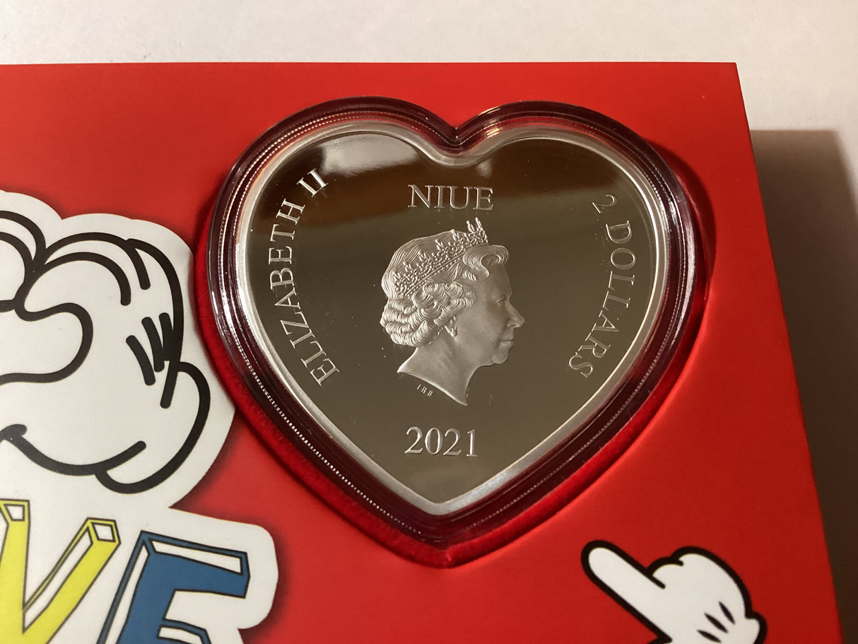 2021 $2 1oz Silver Coloured Heart-Shaped Coin. Disney. MicMin Ultimate Couple. New Zealand Mint.