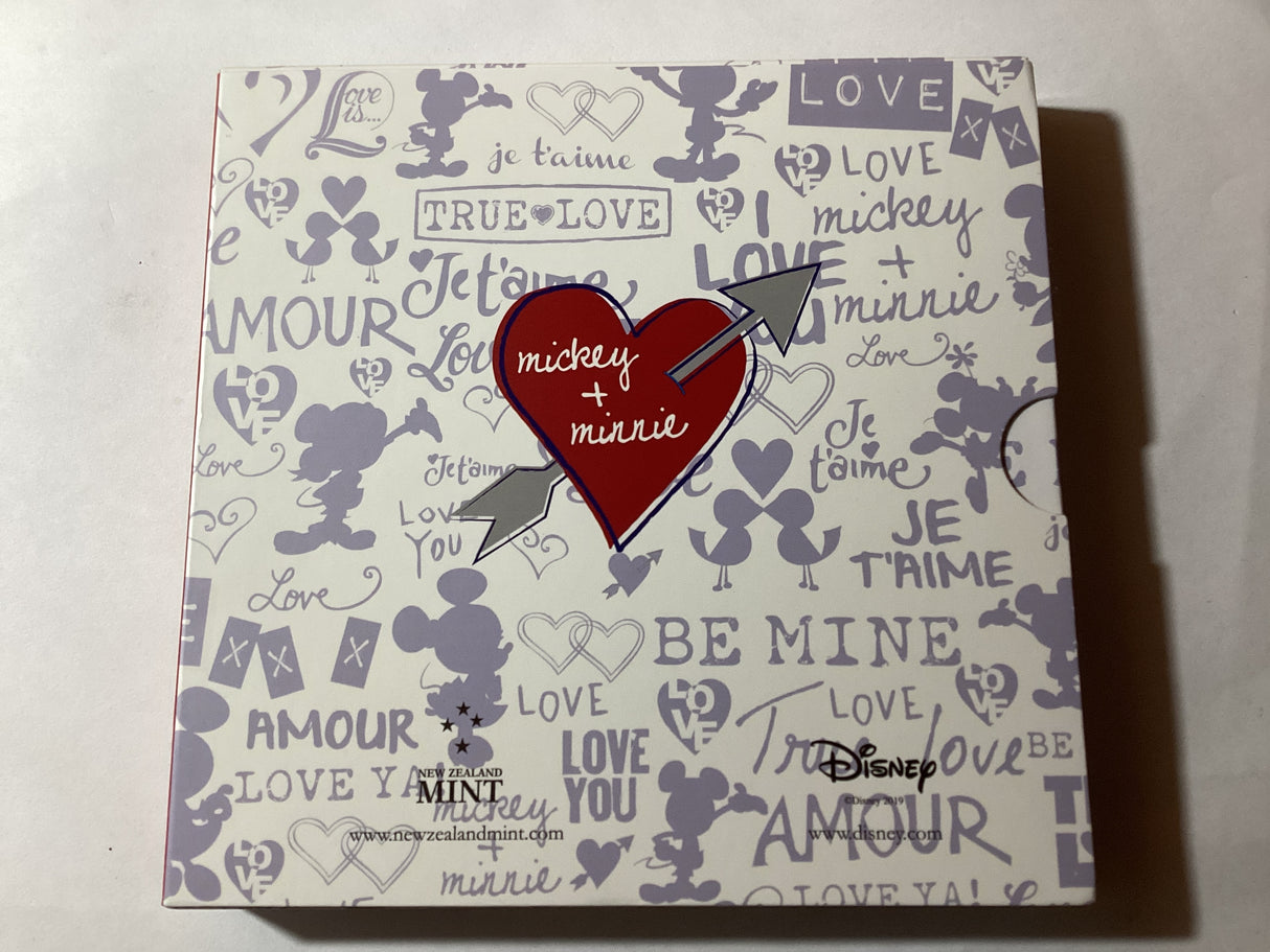 2019 1oz Silver Heart-Shaped Coin. Disney. Mickey and Minnie. NZ Mint.