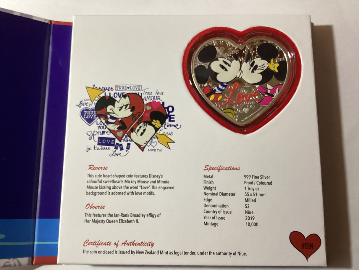2019 1oz Silver Heart-Shaped Coin. Disney. Mickey and Minnie. NZ Mint.