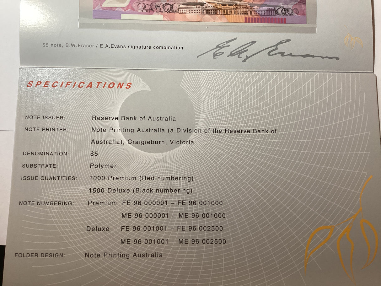 1996 2 x $5 Banknotes. Signatures Premium Edition. Red Serials. MacFarlane/Evans combination. NPA