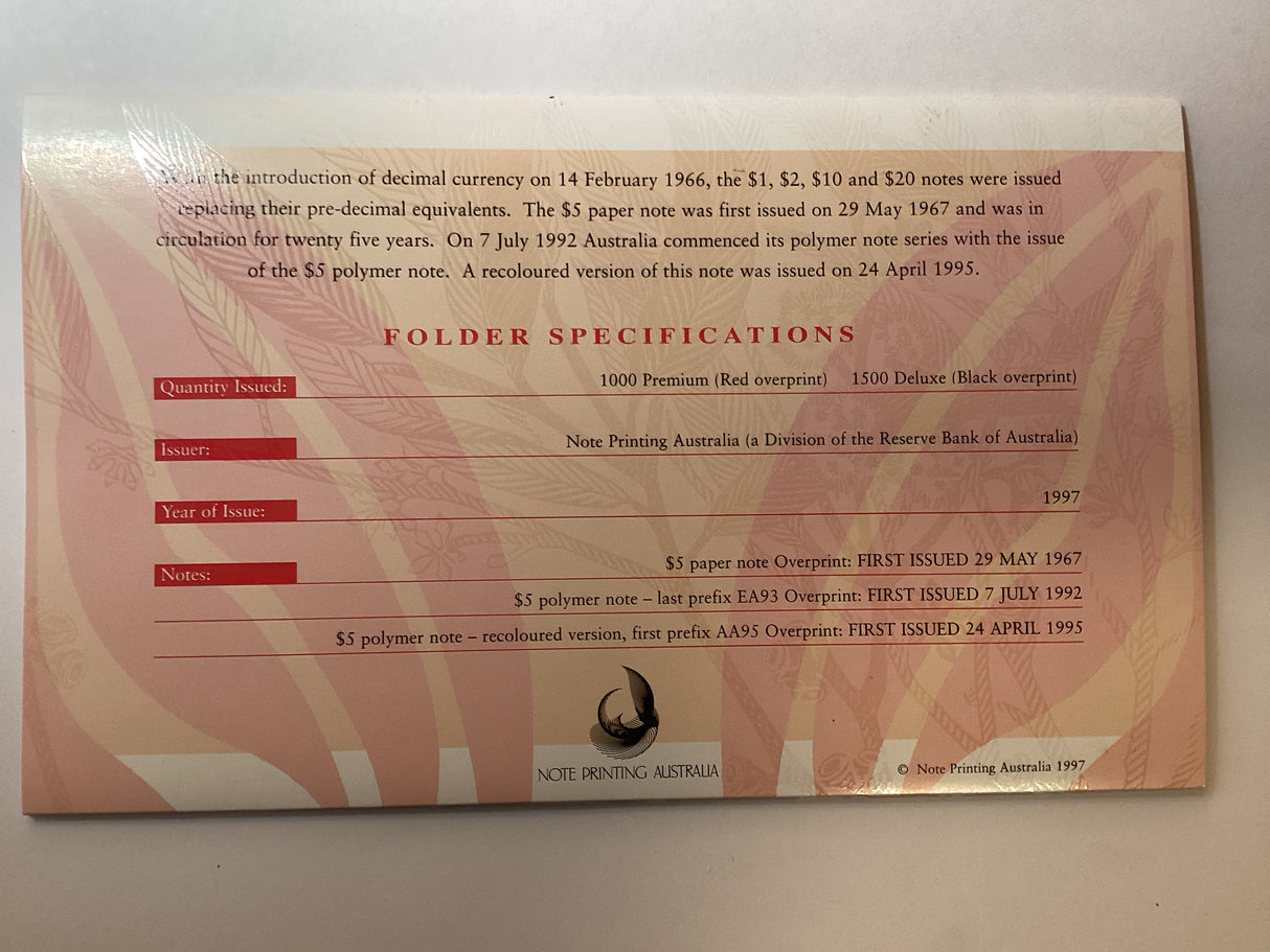 1997 3 x $5 Banknotes. Thirtieth Anniversary of the $5 Note. Premium Edition. NPA