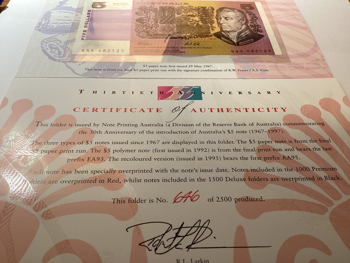 1997 3 x $5 Banknotes. Thirtieth Anniversary of the $5 Note. Premium Edition. NPA