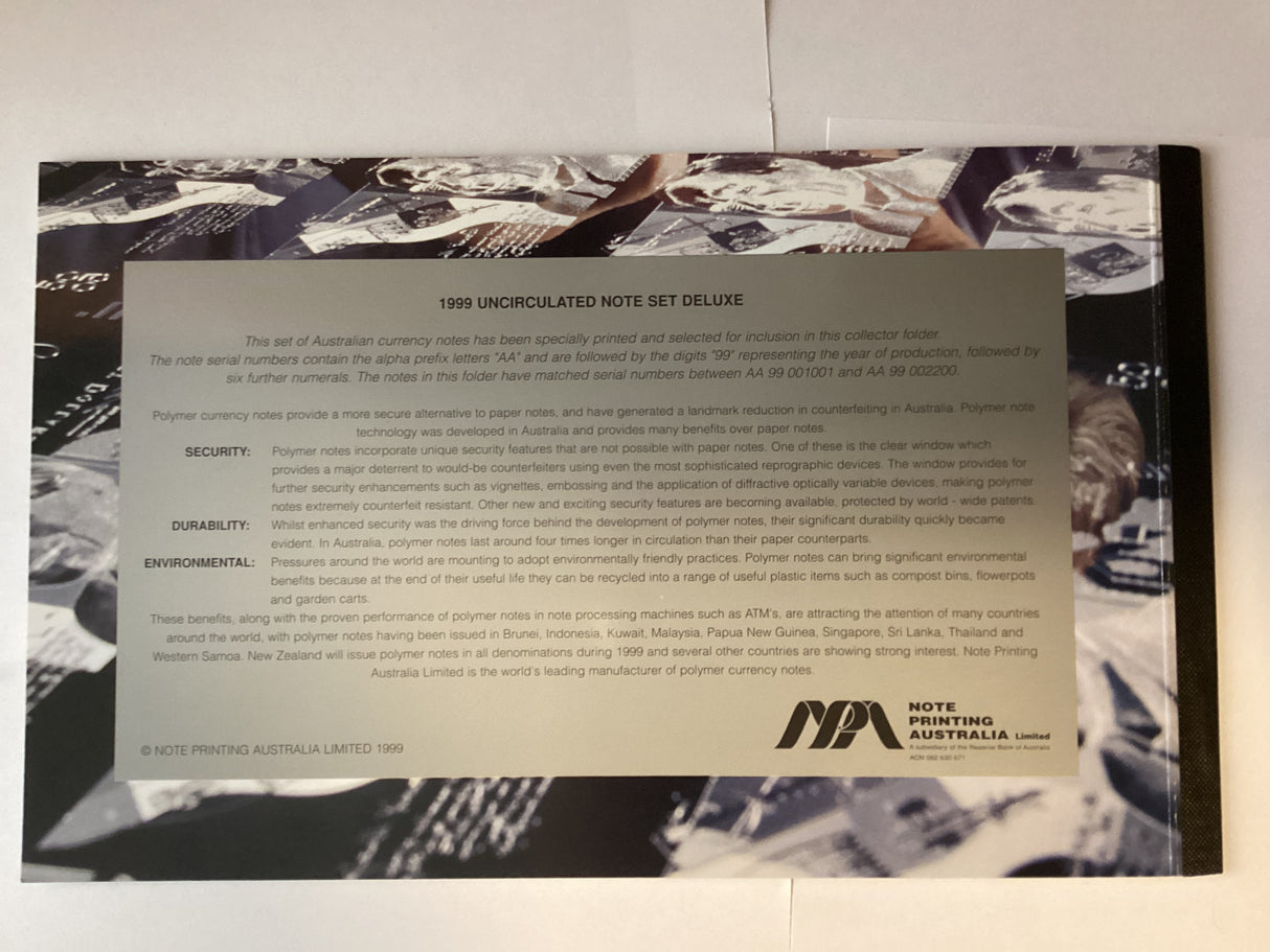 1999 Uncirculated Banknote Deluxe Now Numbered Notes. $5, $10, $20, $50, $100. NPA