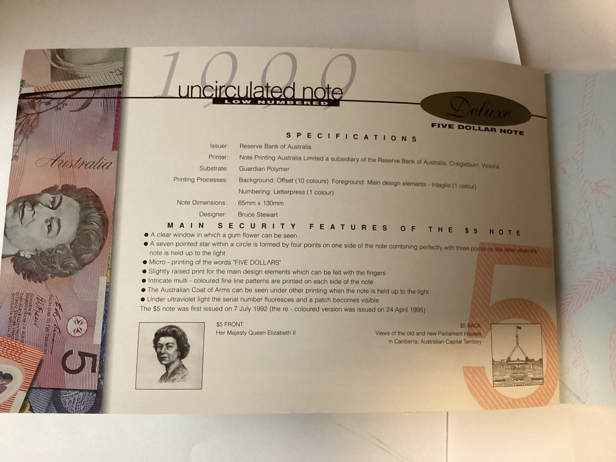 1999 Uncirculated Banknote Deluxe Now Numbered Notes. $5, $10, $20, $50, $100. NPA