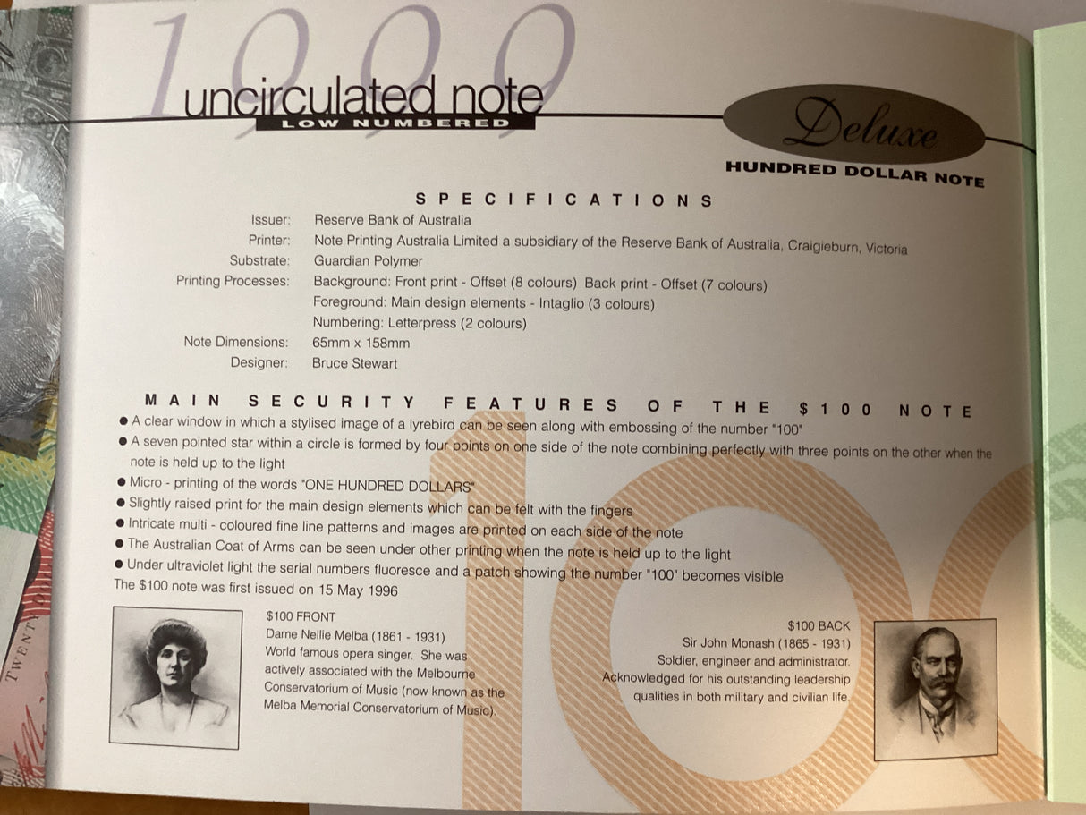 1999 Uncirculated Banknote Deluxe Now Numbered Notes. $5, $10, $20, $50, $100. NPA