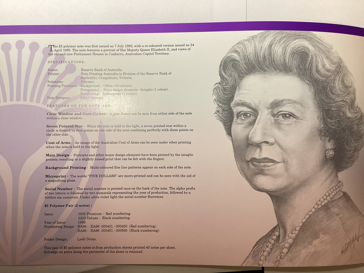 1996 2 x $5 Banknotes. Vertical Pair. NPA. Deluxe Edition.