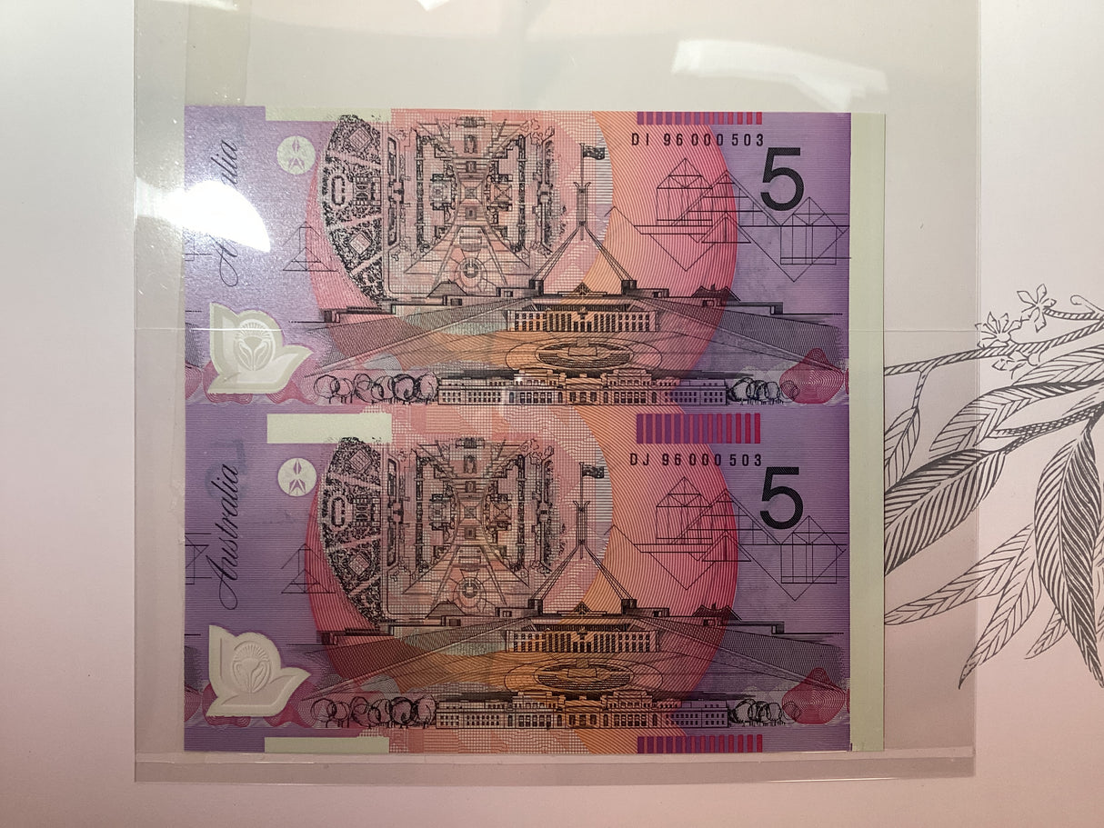 1996 2 x $5 Banknotes. Vertical Pair. NPA. Deluxe Edition.