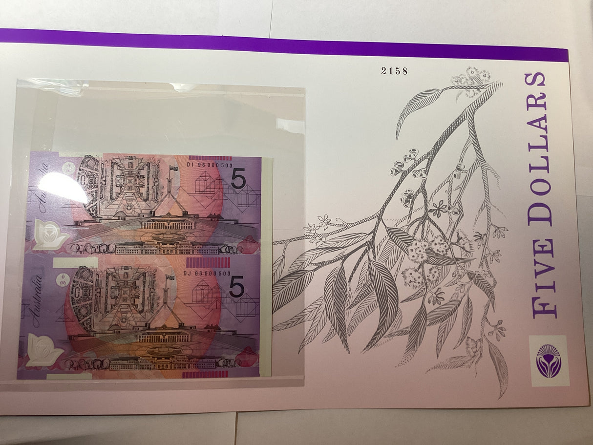 1996 2 x $5 Banknotes. Vertical Pair. NPA. Deluxe Edition.