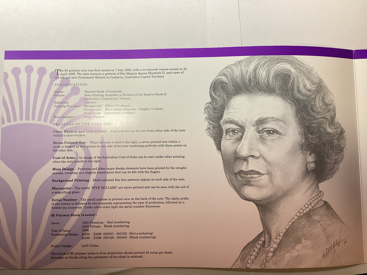 1996 4 x $5 Banknotes. Block of Four. NPA. Deluxe Edition.