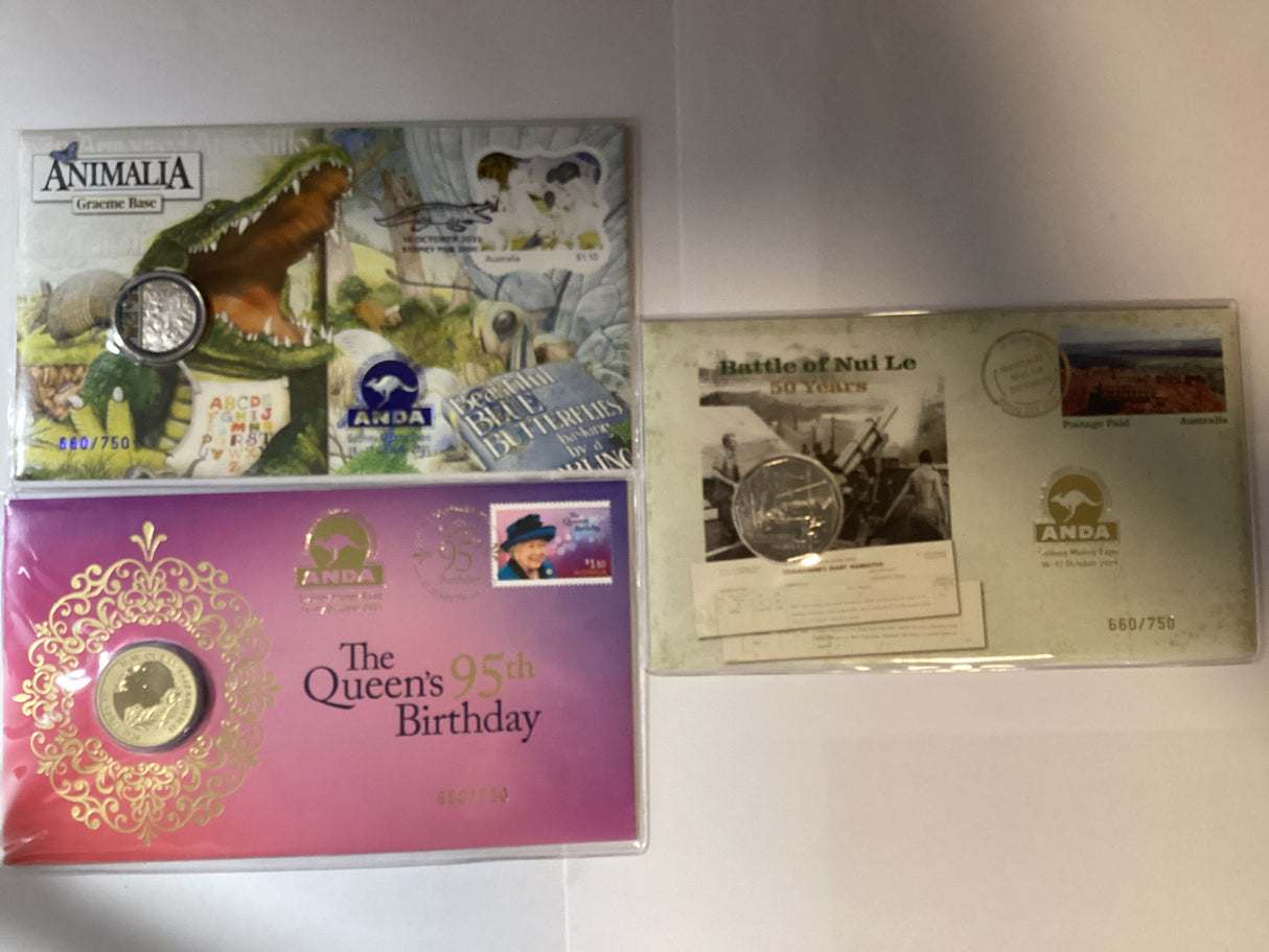 2021 Matching PNC trio. Sydney ANDA. Animalia/Queen’s 95th Birthday/Nui Le.