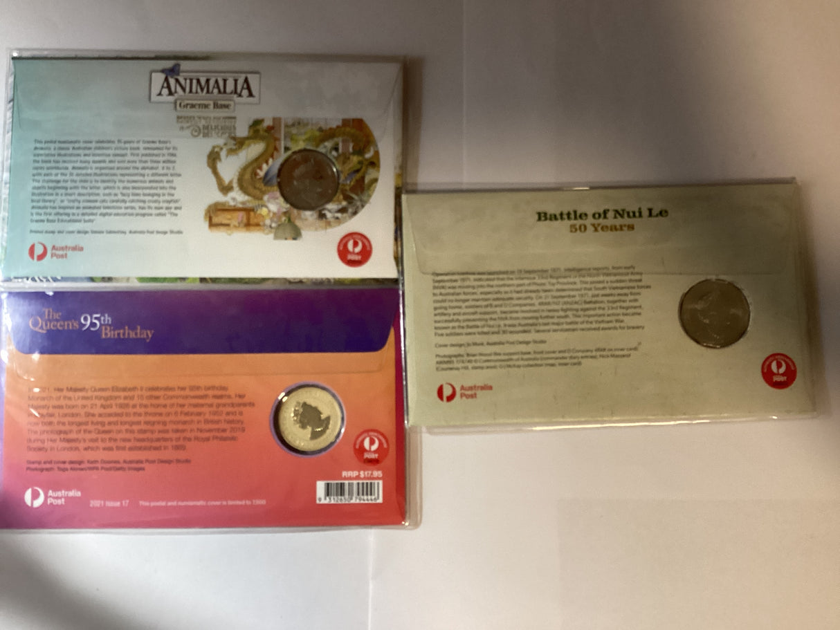 2021 Matching PNC trio. Sydney ANDA. Animalia/Queen’s 95th Birthday/Nui Le.