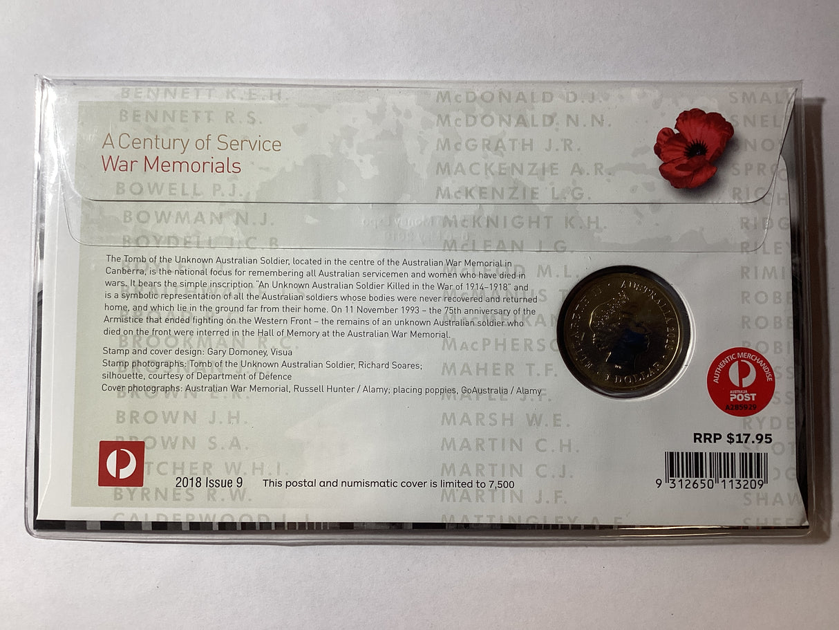 2018 $1 PNC. ANDA Brisbane. A Century of Service. War Memorials. 500 made.