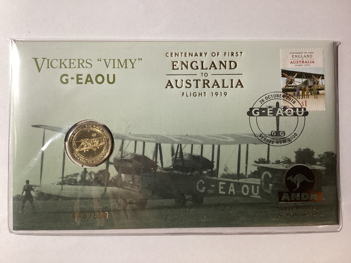 2019 $1 PNC. ANDA Sydney. Centenary of First Flight. Vickers ‘Vimy’ G-EAOU. 500 made.