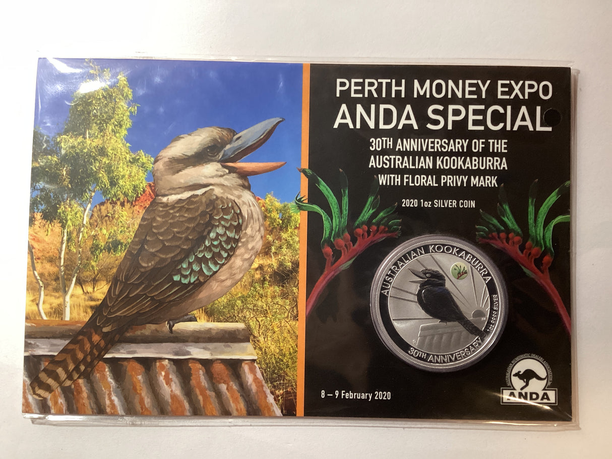 2020 $1 1oz Silver Kookaburra. ANDA Perth. 30th Anniversary of the Kookaburra Floral Privy Mark.