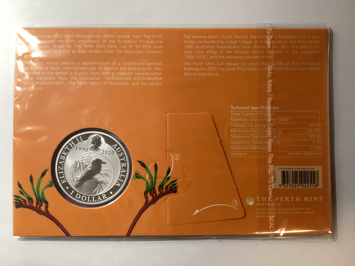 2020 $1 1oz Silver Kookaburra. ANDA Perth. 30th Anniversary of the Kookaburra Floral Privy Mark.