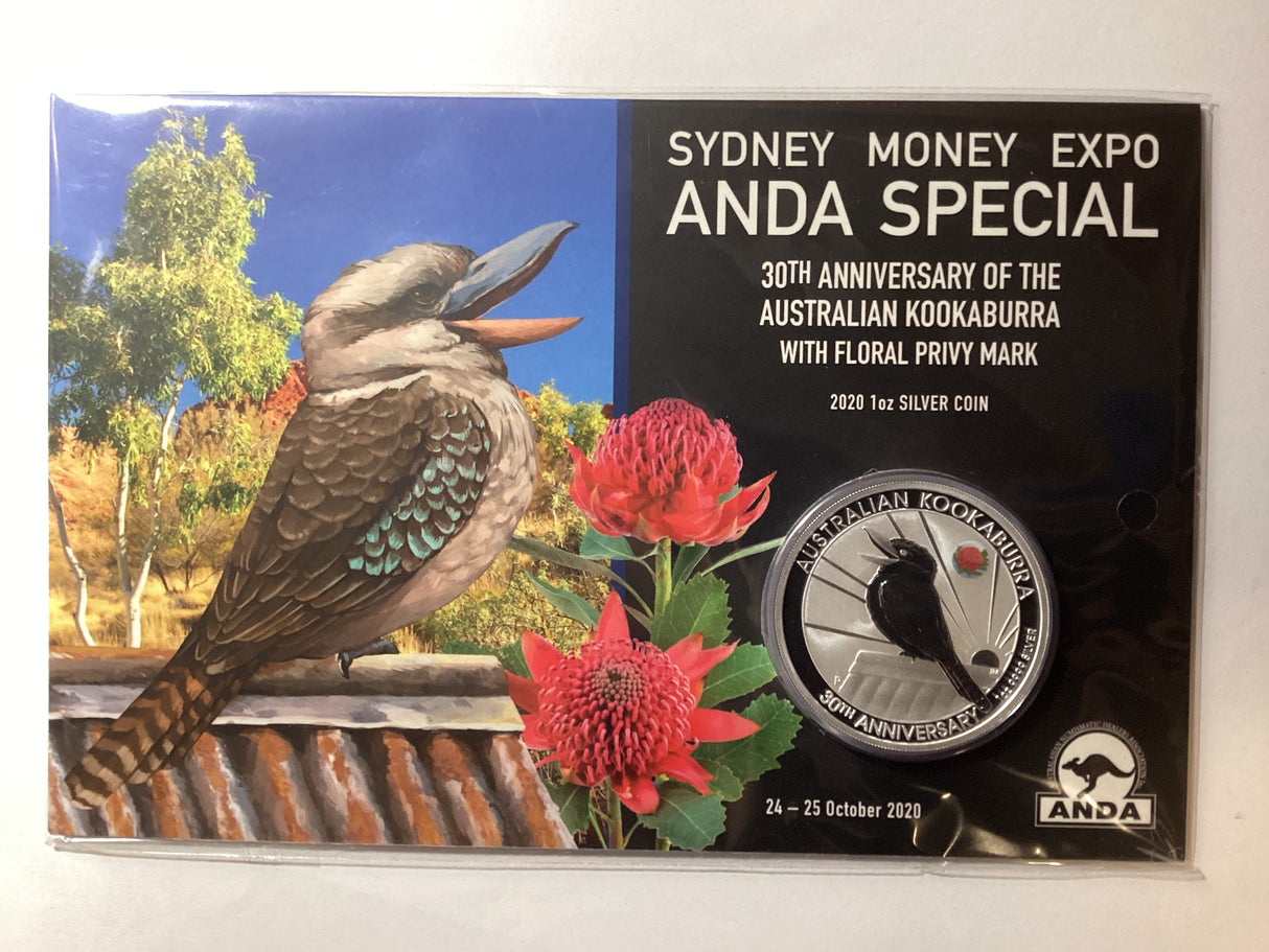 2020 $1 1oz Silver Kookaburra. ANDA Sydney. 30th Anniversary of the Kookaburra Floral Privy Mark.
