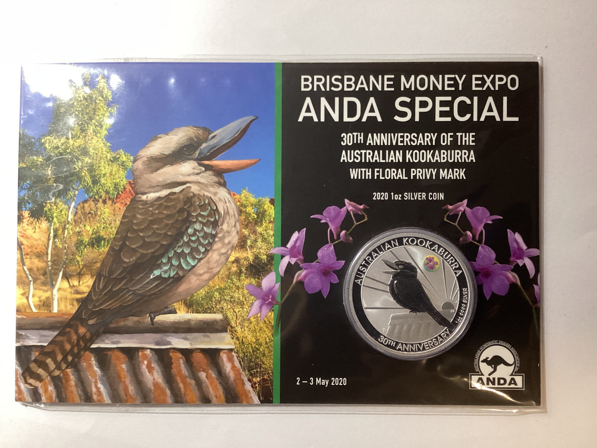 2020 $1 1oz Silver Kookaburra. ANDA Brisbane. 30th Anniversary of the Kookaburra Floral Privy Mark.