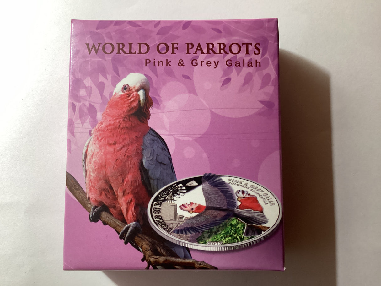2017 $1 1oz Silver Coloured Proof Coin. World of Parrots. Pink and Grey Galah.