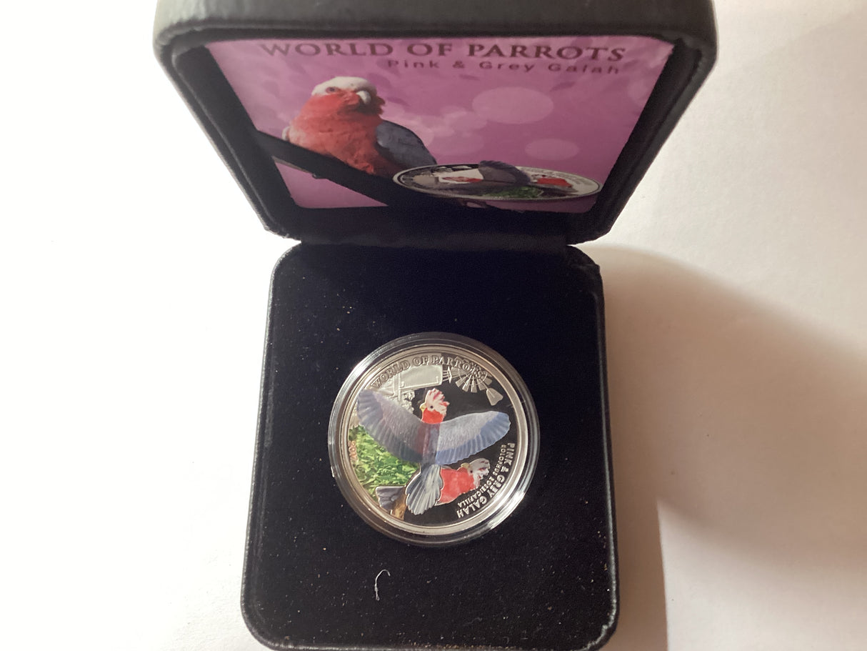 2017 $1 1oz Silver Coloured Proof Coin. World of Parrots. Pink and Grey Galah.
