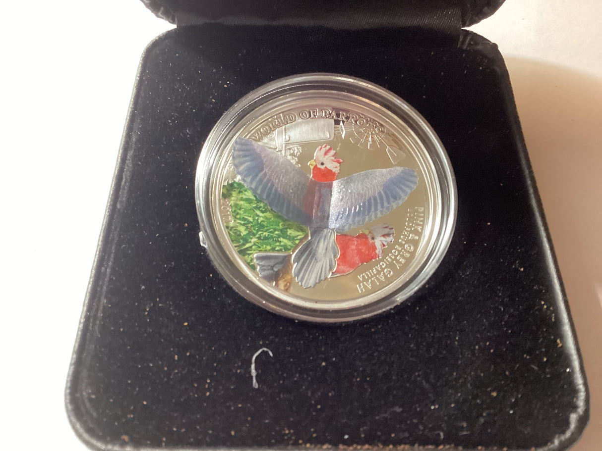 2017 $1 1oz Silver Coloured Proof Coin. World of Parrots. Pink and Grey Galah.