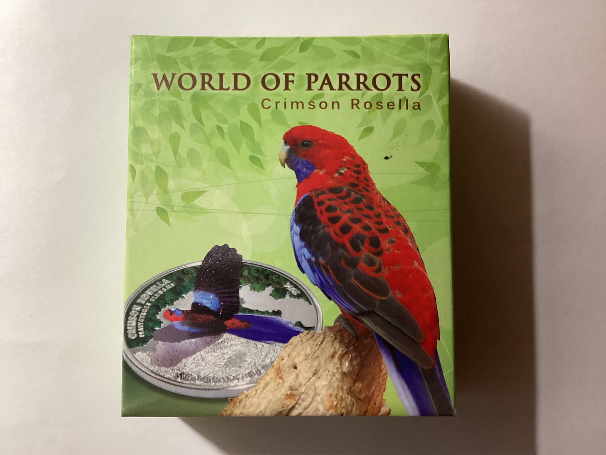 2014 $1 1oz Silver Coloured Proof Coin. World of Parrots. Crimson Rosella.