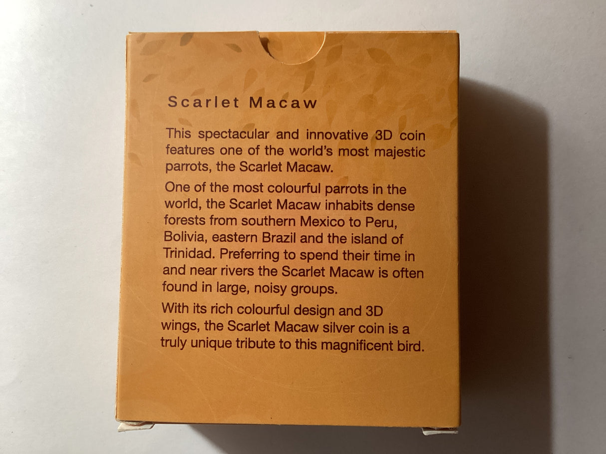 2016 $1 1oz Silver Coloured Proof Coin. World of Parrots. Scarlet Macaw.