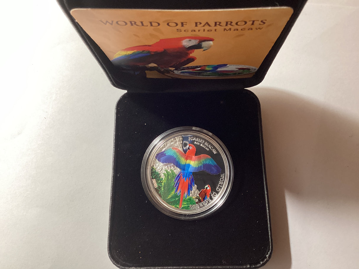 2016 $1 1oz Silver Coloured Proof Coin. World of Parrots. Scarlet Macaw.