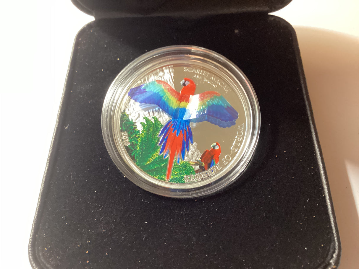 2016 $1 1oz Silver Coloured Proof Coin. World of Parrots. Scarlet Macaw.