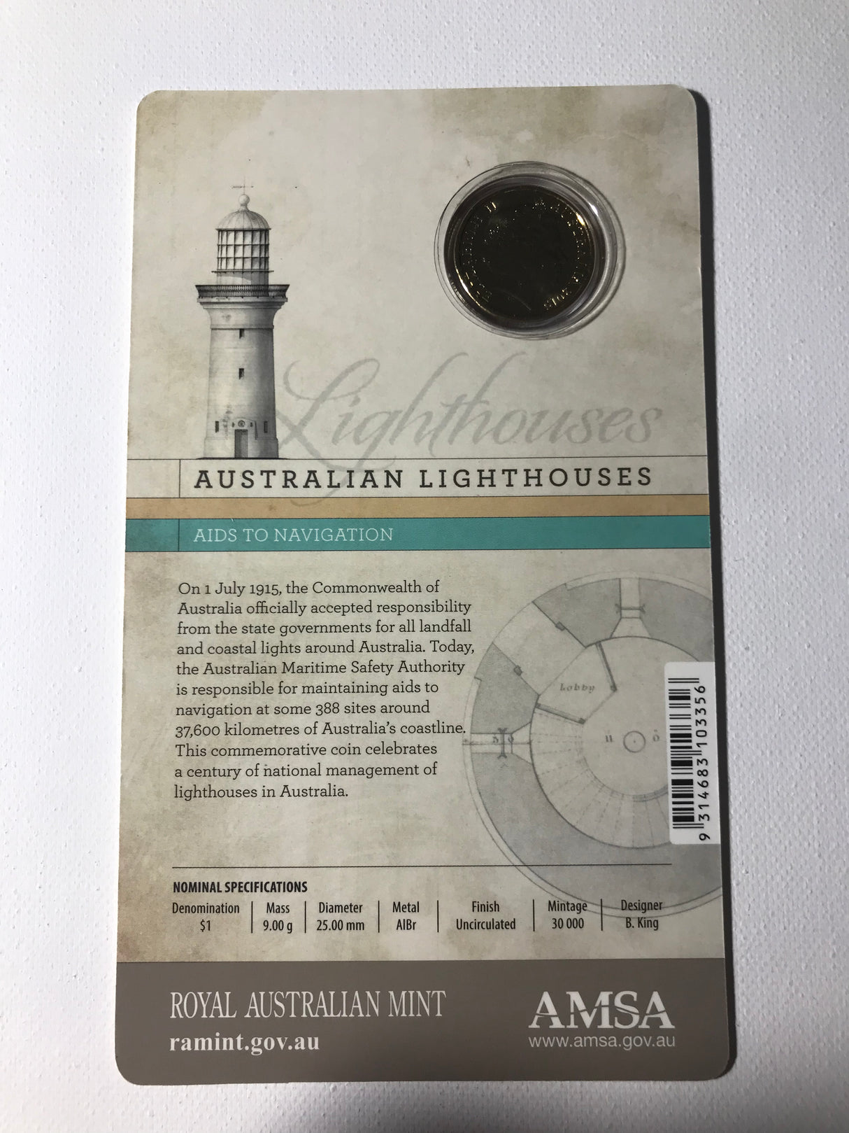 2015 $1 Australian Lighthouses. Aids to Navigation. Carded Uncirculated Coin.