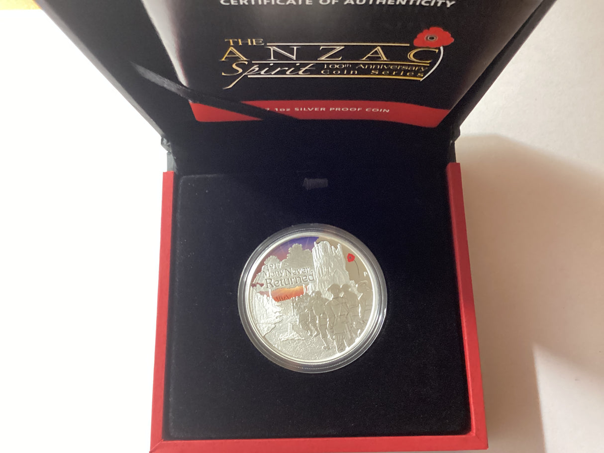 2017 $1 1oz Silver Coloured Proof Coin. Anzac Spirit. Ypres.