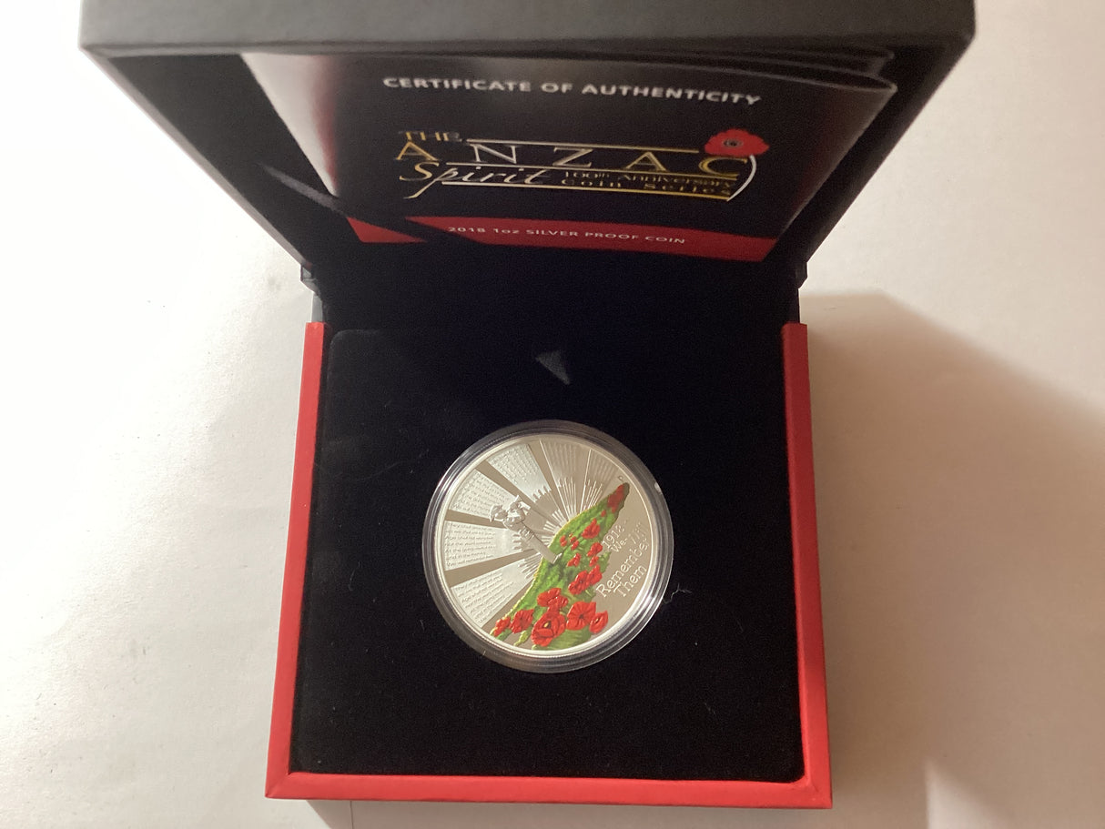 2018 $1 1oz Silver Coloured Proof Coin. Anzac Spirit. Not Forgotten.