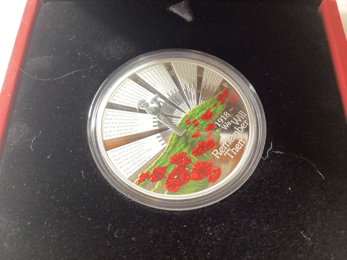 2018 $1 1oz Silver Coloured Proof Coin. Anzac Spirit. Not Forgotten.