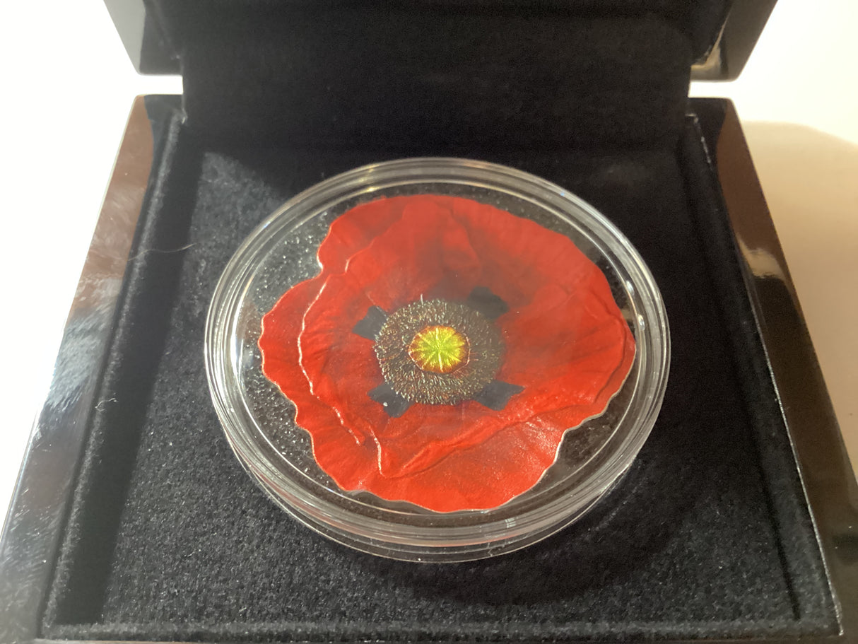 2017 $5 1oz Silver Proof Coloured Coin. Remembrance Poppy. Lest We Forget.