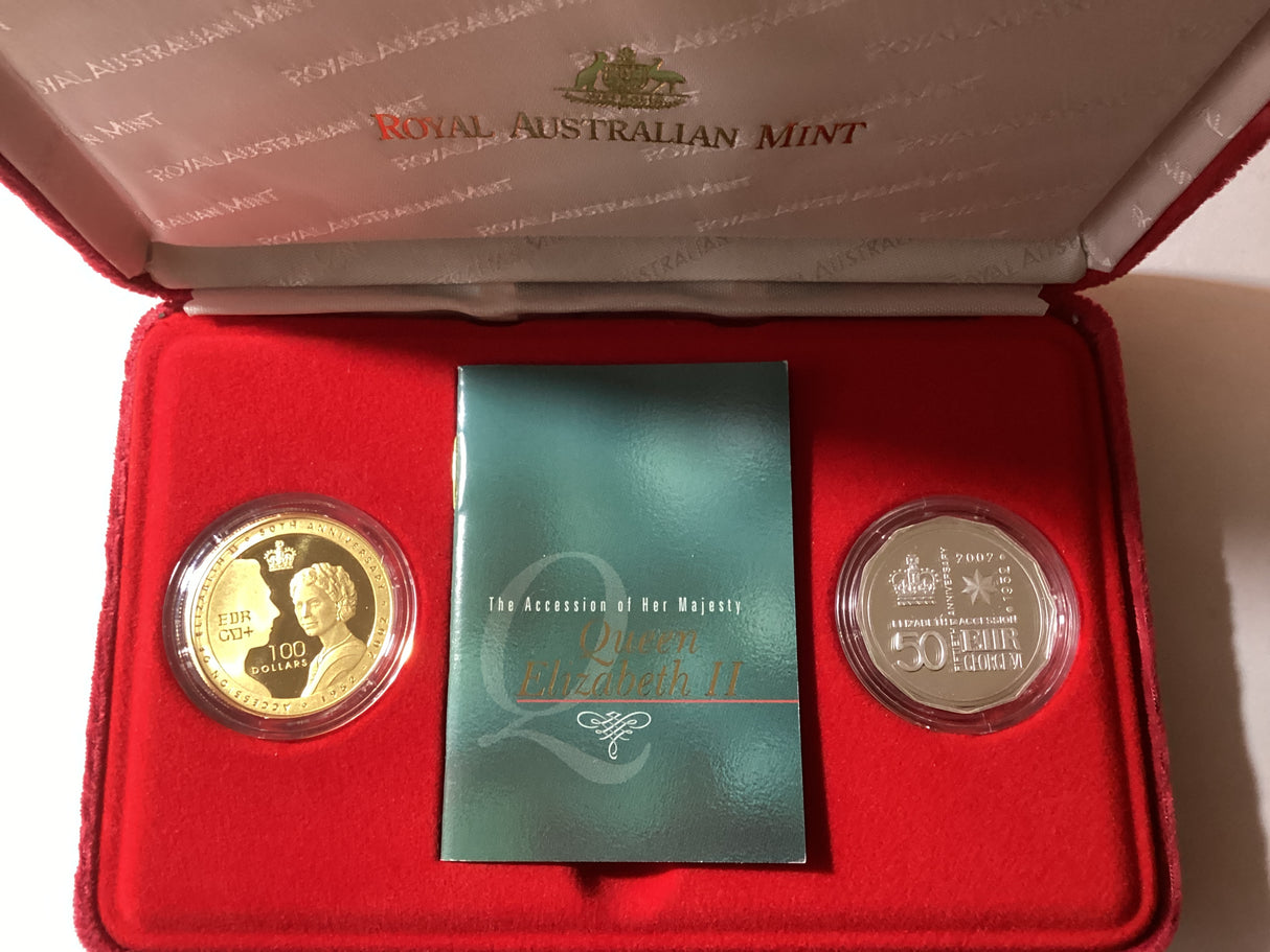 2003 Ascension of Queen Elizabeth 50th Anniversary. 1oz pure gold and silver set.