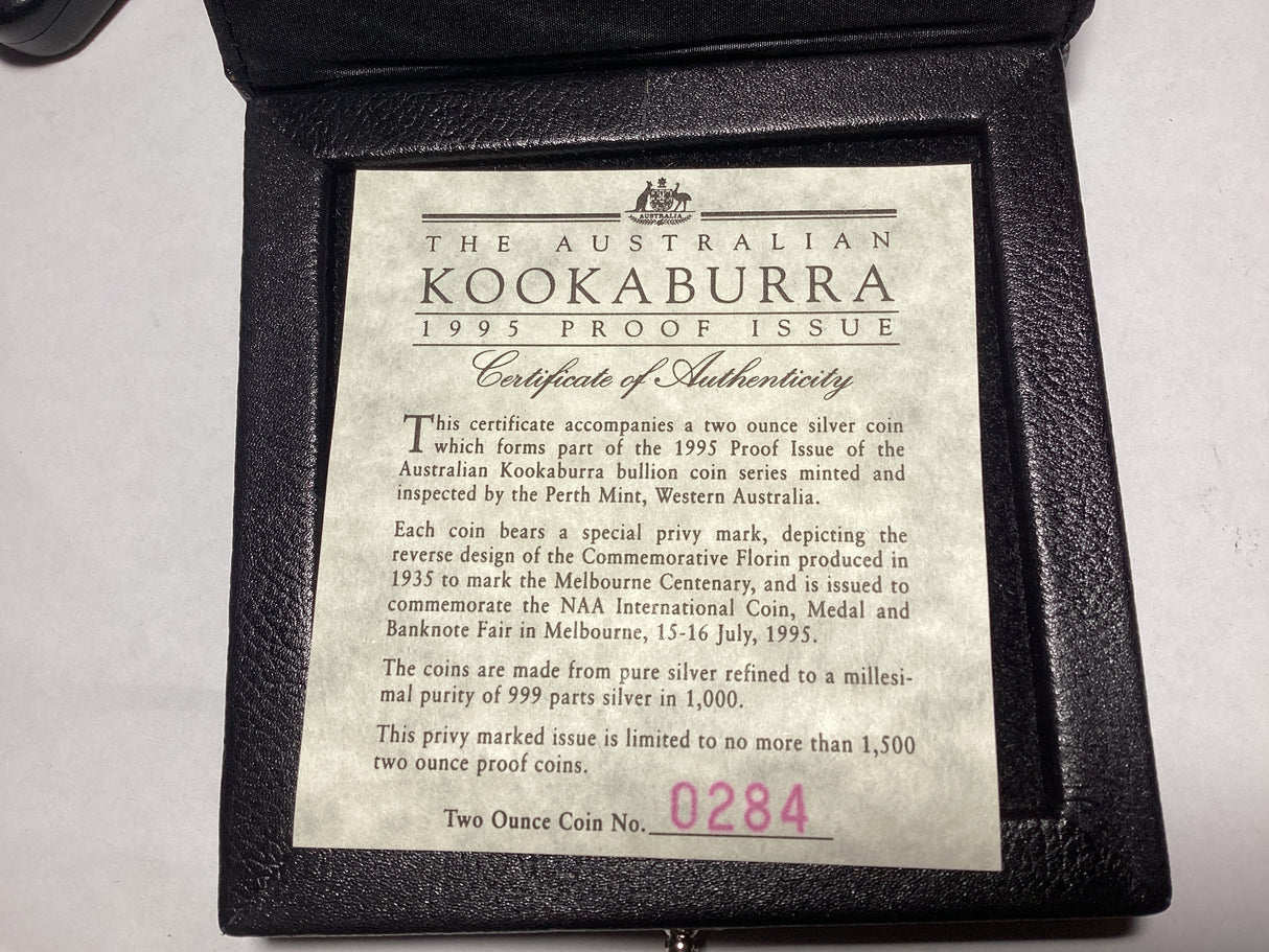 1995 $2 2oz Silver Proof Kookaburra. NAA Coin Fair Melbourne. Melbourne Florin Privy Mark.