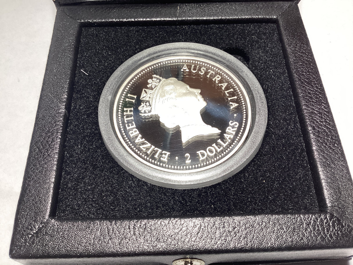 1995 $2 2oz Silver Proof Kookaburra. NAA Coin Fair Melbourne. Melbourne Florin Privy Mark.