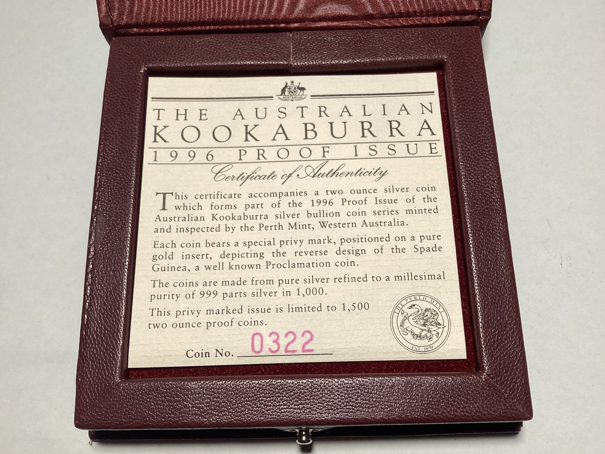 1996 $2 2oz Silver Proof Kookaburra. Spade Guinea Privy Mark. 1500 made