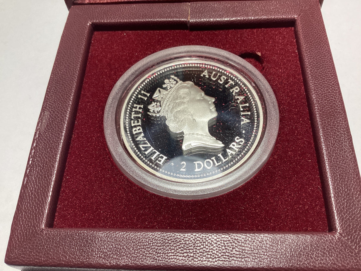 1996 $2 2oz Silver Proof Kookaburra. Spade Guinea Privy Mark. 1500 made