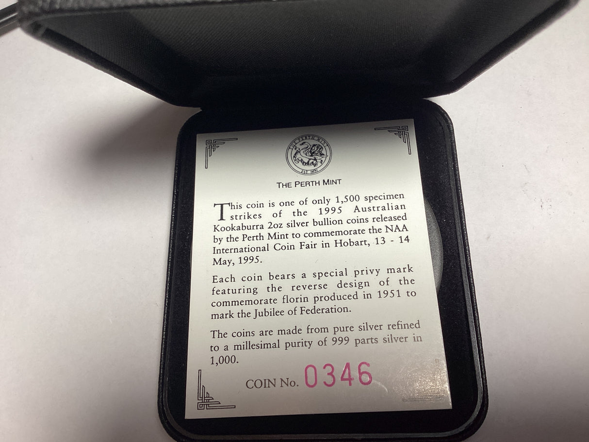1995 $2 2oz Silver Special Kookaburra. NAA Coin Fair Hobart. Jubilee of Federation Privy Mark. 1500 made.