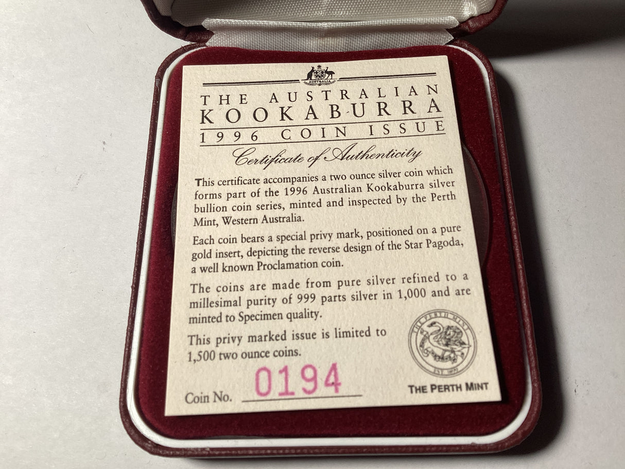 1996 $2 2oz Silver Kookaburra. Star Pagoda Privy Mark. 1500 made