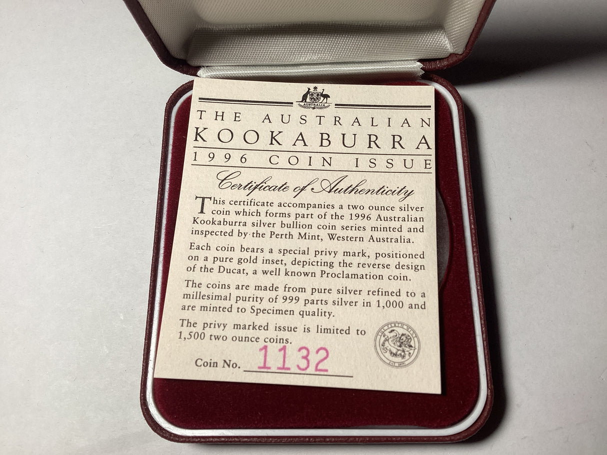 1996 $2 2oz Silver Kookaburra. Ducat Privy Mark. 1500 made